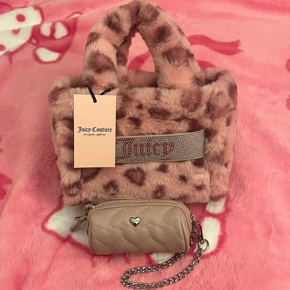 Juicy Couture Pink Leopard Faux Fur Tote with wristlet - Picture 1 of 5